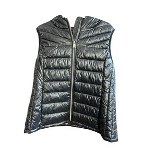 NOIZE Puffer Vest Hooded Black Metallic‎ Shiny Quilted Zip Up Puffer Vest XL TG
